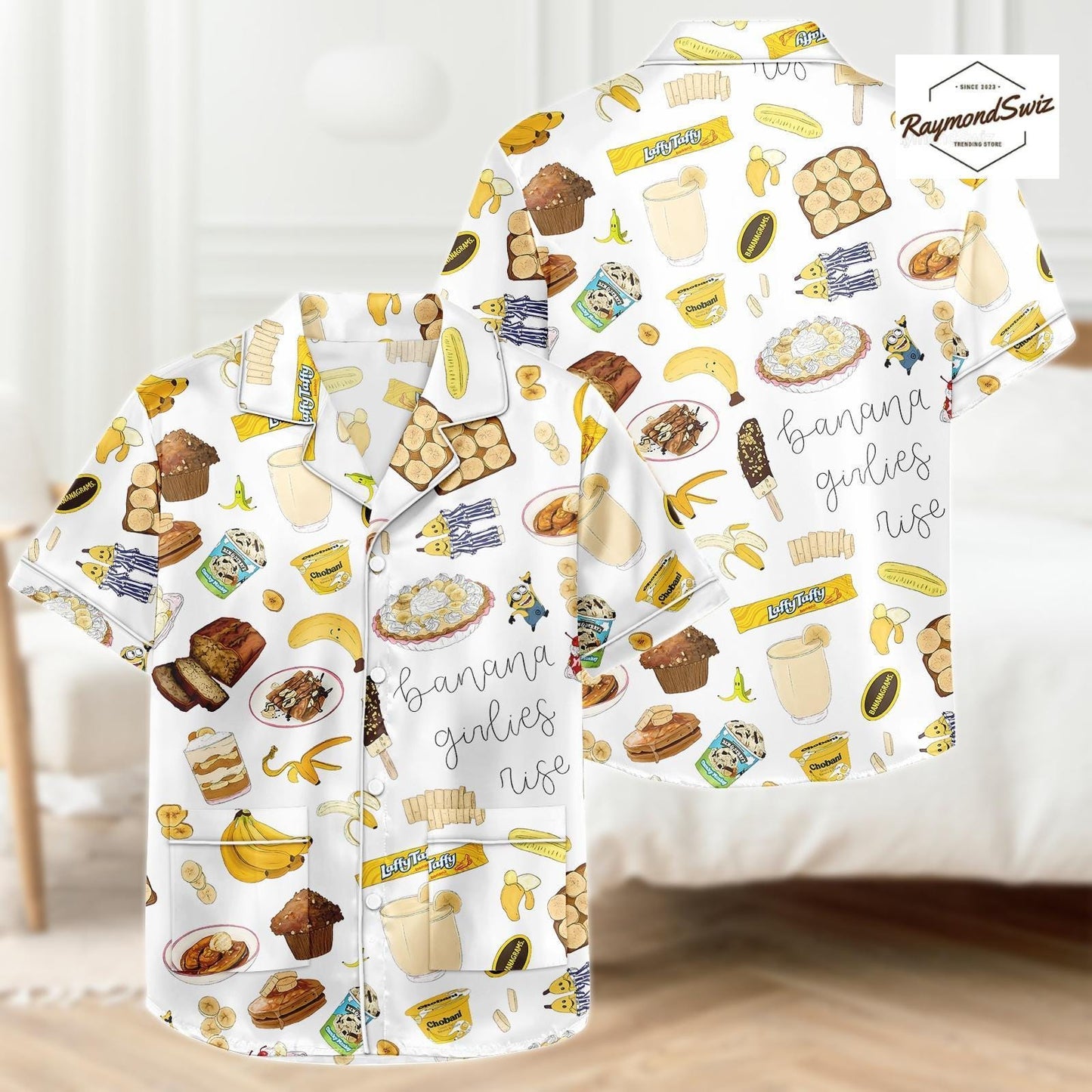 Banana & Foods Pajama Set, Cute Art Pattern PJs, Matching Pyjamas, Button Shirt PJs, Minions Cartoon