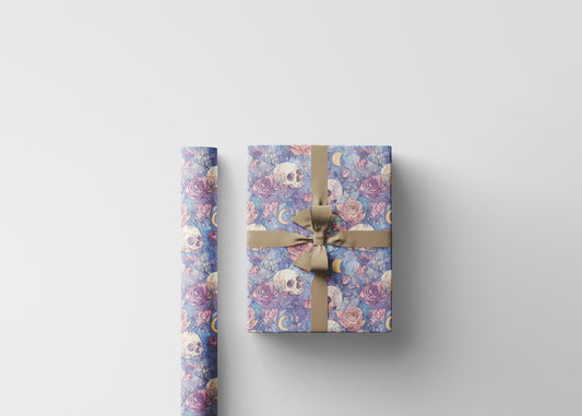 Pastel Goth Halloween Wrapping Paper Roll Watercolor Cute Spooky Ghost Bat Moon Stars Design #9