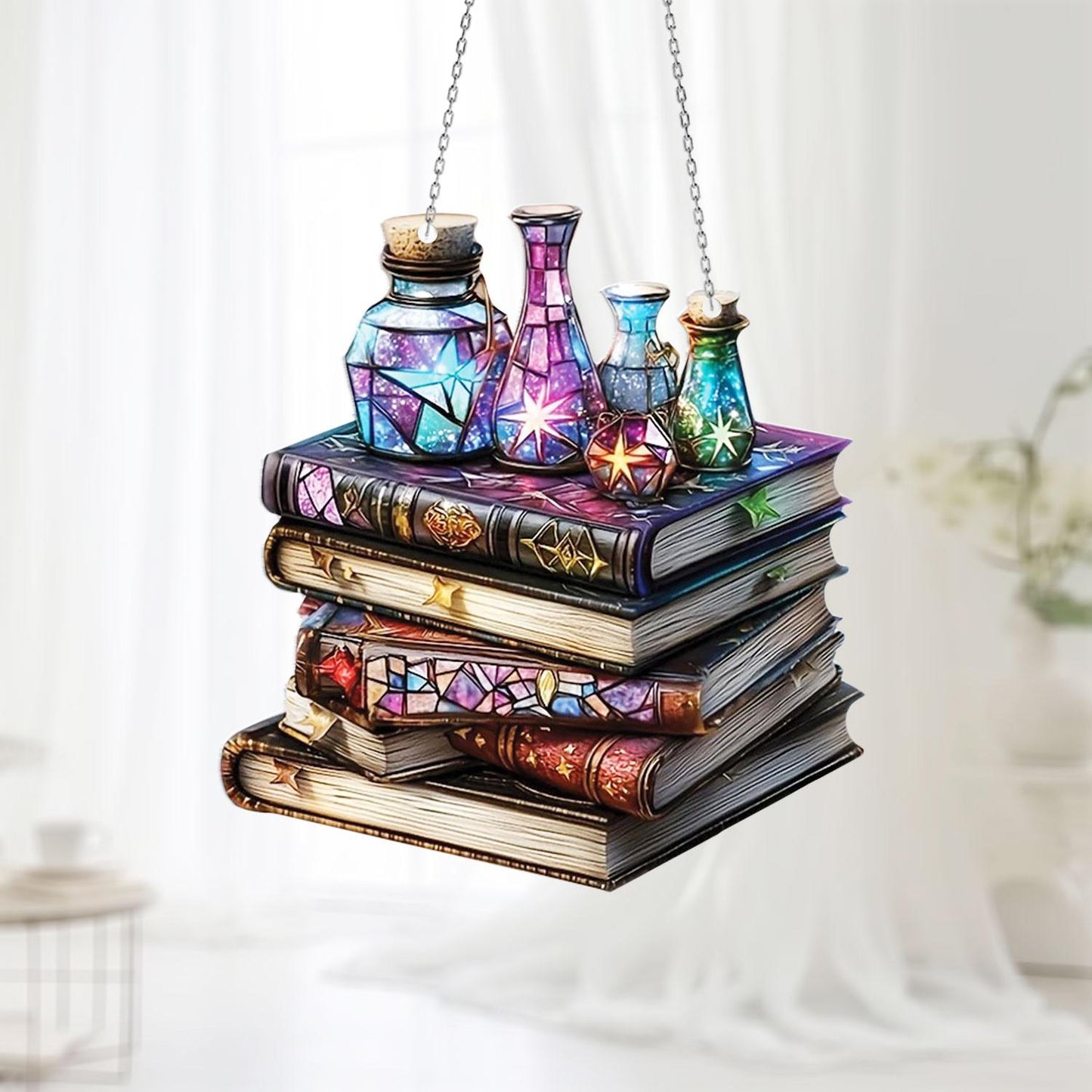 Magical Potion Books Window Hanging Decor – Fantasy Witchy Room Aesthetic, Book Lover Gift, Wizard Alchemy Shelf Decor for Home & Office