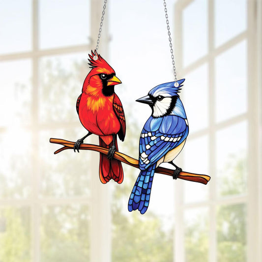 Cardinal and Blue Jay Window Hanging – Memorial Bird Gift, Colorful Nature Decor for Bird Lovers, Spiritual Home Accent for Garden Window
