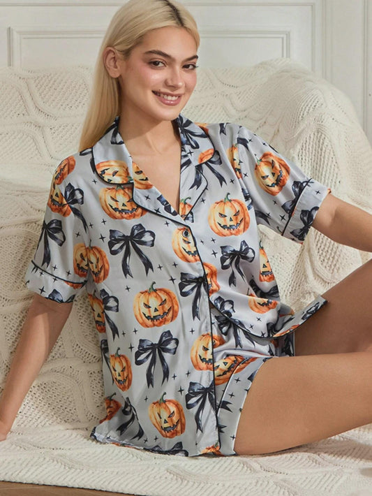 Women Halloween Pajamas Set Cute Pumpkin Ghost Print Pajamas Set