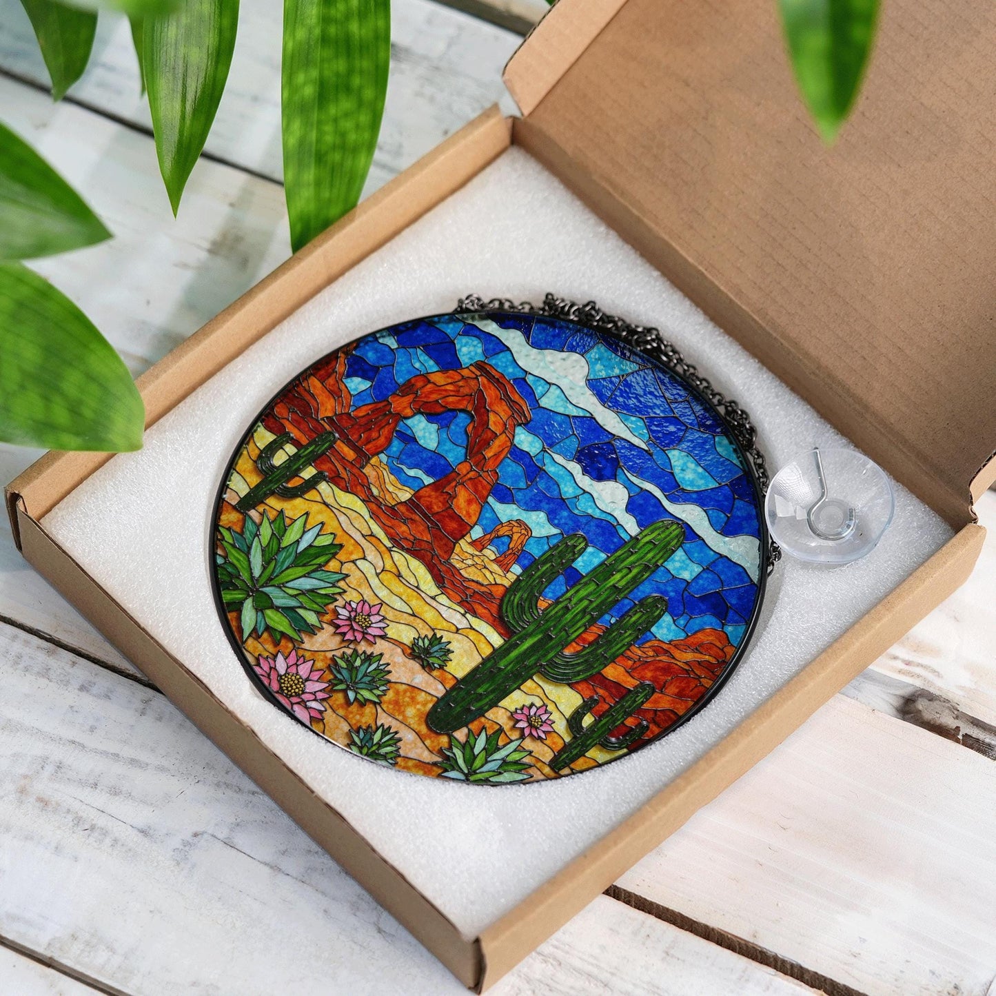 Desert cactus landscape suncatcher round stained glass window hanging for Southwest decor Mothers Day gift