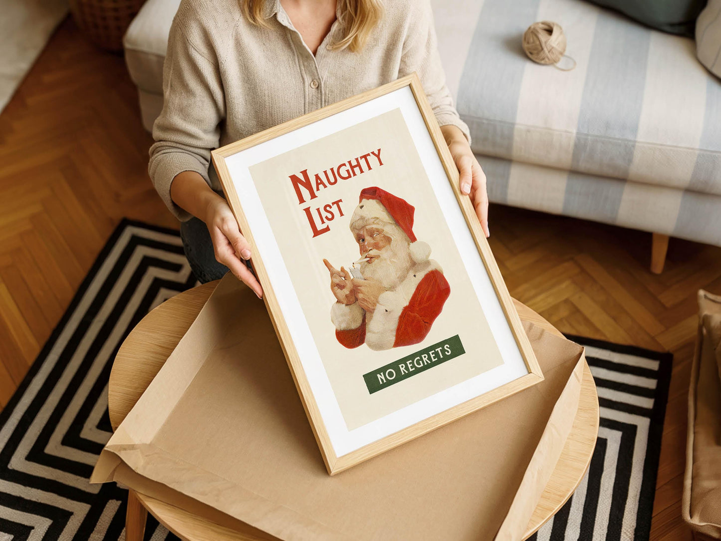 Naughty Santa Print Retro Christmas Art Santa Poster Holiday Themed Kitchen Wall Art Festive Gift for Home Decor Christmas Kitchen Decor