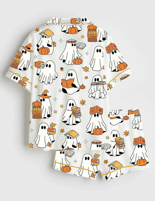 Women’s Ghost Books Halloween Short Sleeve Satin Pajama Set, Sleepwear Halloween Print Nightwear Pijama Set, Gift for women lover