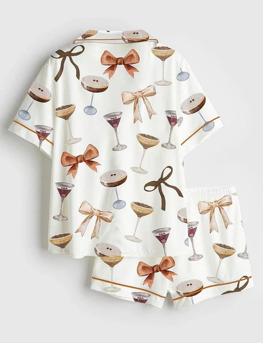 Women's Espresso Martinii Coquette Bow Short Sleeve Satin Pajama Set, Martinii Pajama pja shirt, Sleepwear Halloween Nightwear Pijama Set