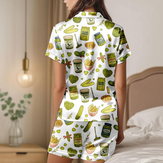 Pickle Girlies Satin Pajama Set, Funny Pickle Print PJs for Women, Button Up Short Sleeve Loungewear, Cute Foodie Sleep Set