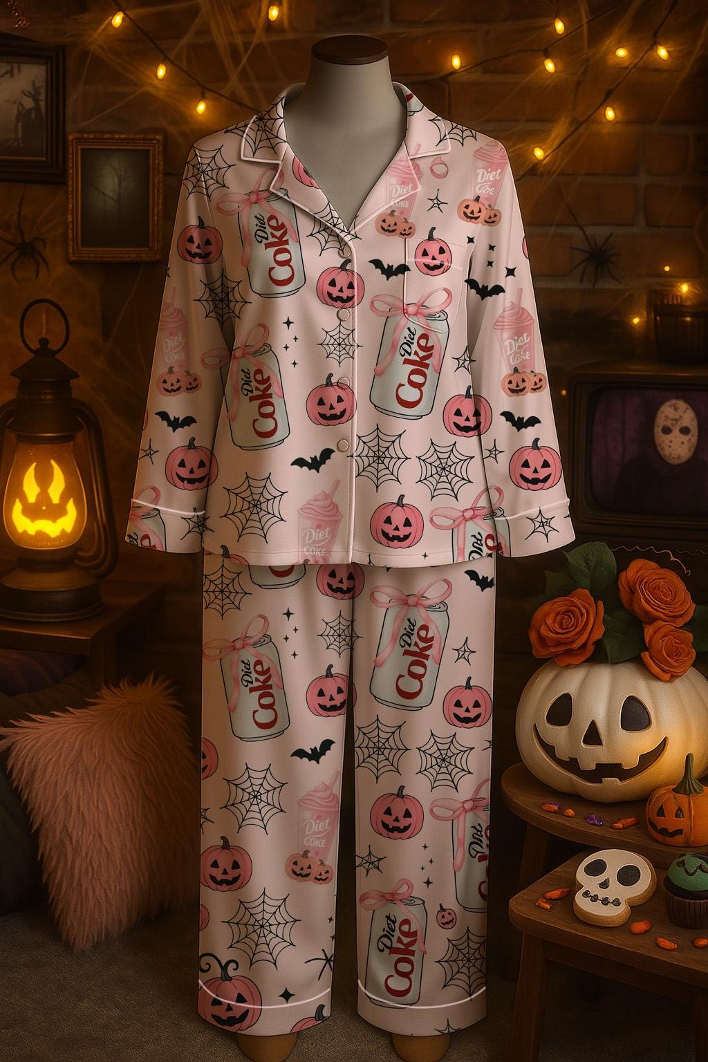 Halloween Coquette Diet Coke Pajamas Satin Set, Diet Coke Halloween Pajamas, Birthday Gift, I need A Diet Coke Sleepwear, Halloween Outfits