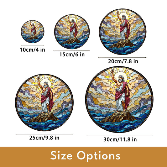 Biblical stained glass Moses parting sea round suncatcher Christian home decor gift for Easter or pastor