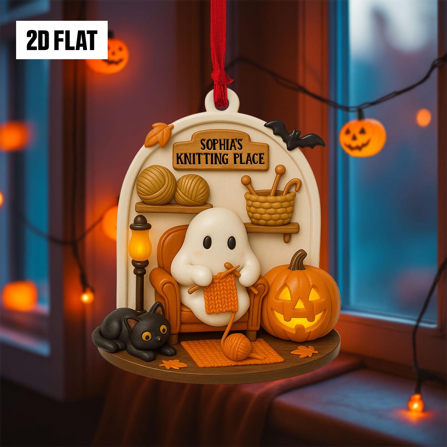 Personalized Knitting Halloween Ornament – Cute Ghost With Knitting, Custom Name Ornament 2D Flat, Fun And Spooky Halloween Hanging Window