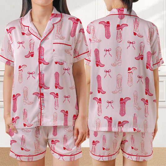 Pink Bow Cowgirl Boots Pajama Set, Country Concert Sleepwear, Western Graphic Loungewear Set, Coquette Bow Pajamas, Coquette Aesthetic