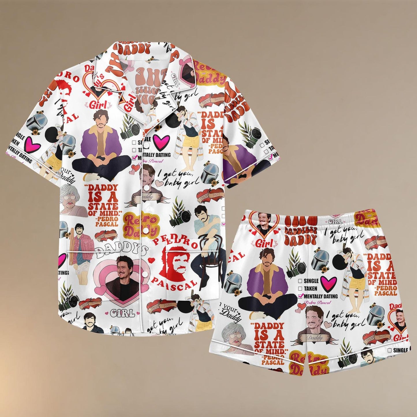 Pedro Pascal Satin Pajamas Shorts, Daddy Meme Sleepwear, Retro Celebrity Pajamas, Funny Pajama Set, Gift For Her