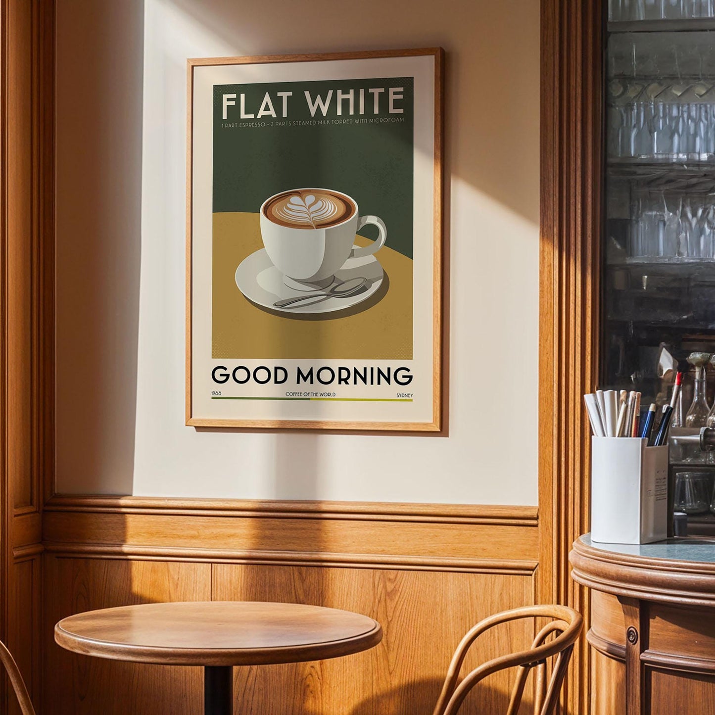 Flat White Coffee Poster, Kitchen Coffee Bar Art Print, Coffee Bar Sign | Vintage Coffee Poster | Kitchen Wall Art for Coffee Bar