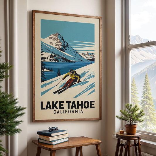 Lake Tahoe California Ski Poster, Apres Ski Art | Vintage Ski Poster | Ski Lodge Wall Decor