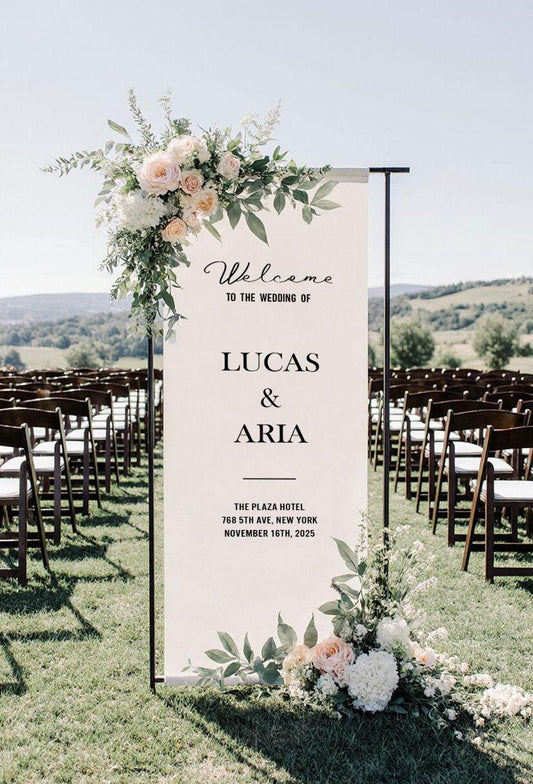 Wedding Welcome Sign, Custom Fabric Banner, Custom Ceremony Sign, Modern Outdoor Wedding Decor, Rustic Linen Reception Sign, Wedding Decor