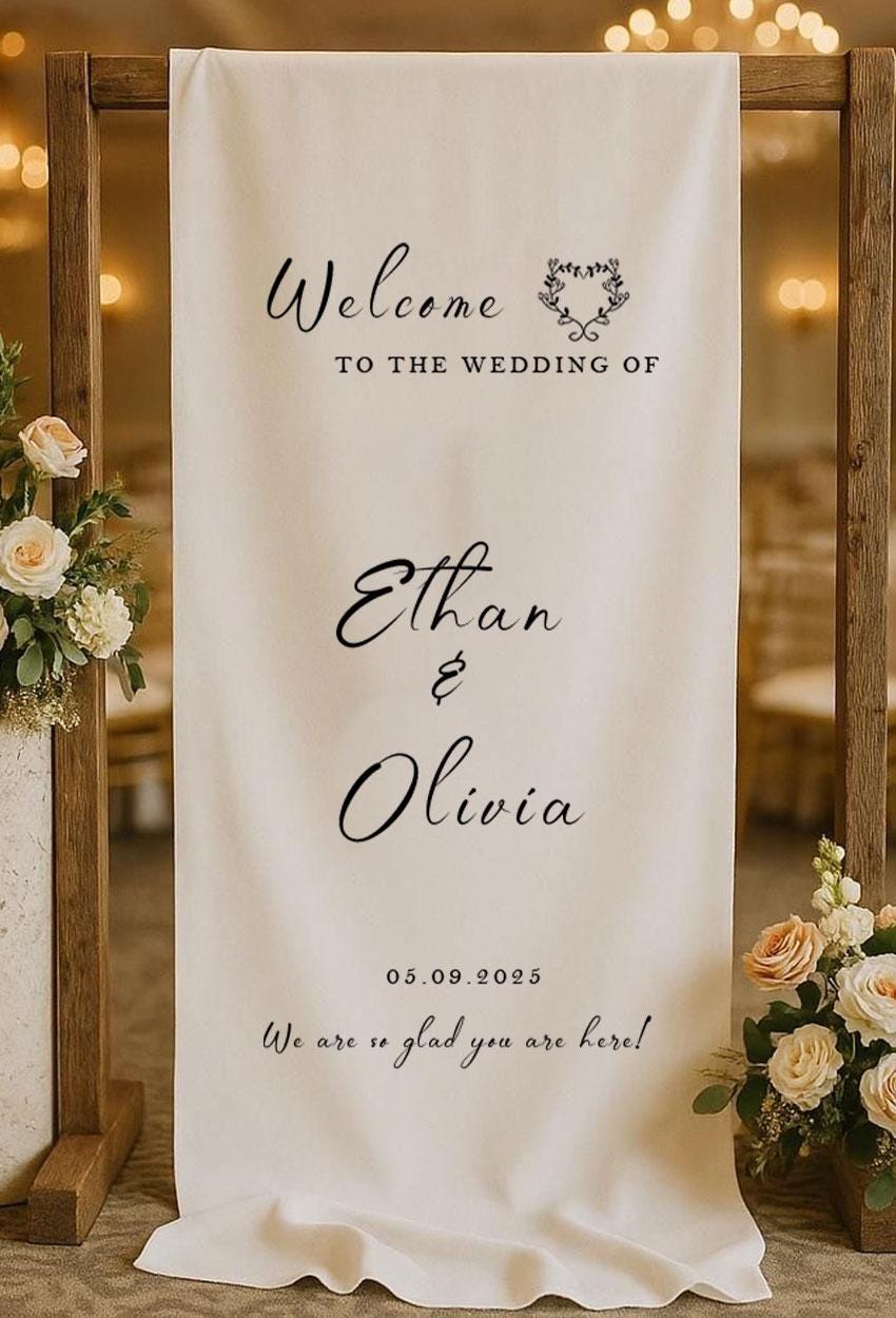 Personalized Wedding Welcome Sign, Large Fabric Banner, Custom Ceremony Sign, Rustic Linen Wedding Decor, Modern Outdoor Reception Banner