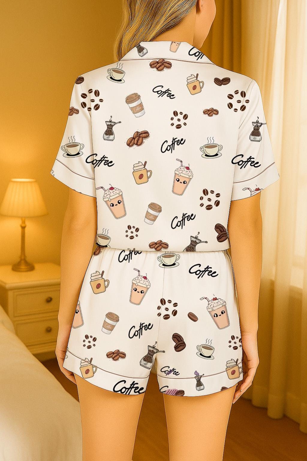 Coffee Lover Aesthetic Pajama, Coffee Short Sleeve Sleepwear, Soft Silky Nightwear, Retro Coffee Satin Pajama, Gift for Coffee Lover