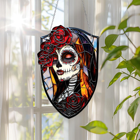Day of the Dead Window Hanging with Sugar Skull Woman and Red Roses – Colorful Gothic Ornament, Halloween or Dia de los Muertos Decor