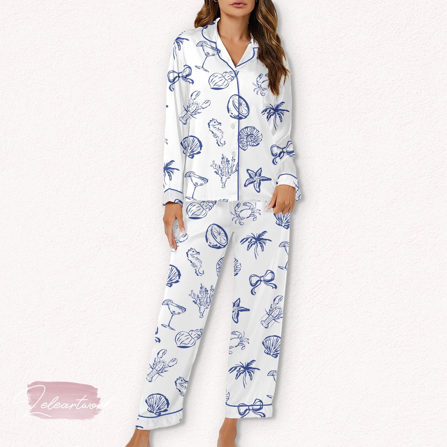 Beach Coastal Set – Nautical Summer Pajamas with Seashell, Coral & Cocktail Print | Ocean Lover Loungewear | Resort Sleep Set