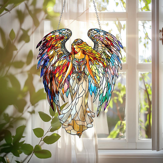 Colorful Angel Acrylic Window Hanging – Fantasy Sun Catcher with Rainbow Wings, Spiritual Window Decoration for Home, Gift or Garden Decor