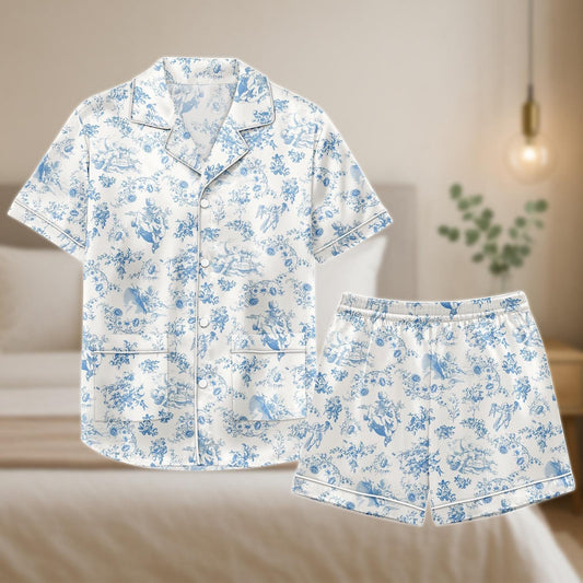 Blue Toile Satin Pajama Set, French Country Pastoral Print PJs, Vintage Lounge Shorts and Shirt, Elegant Sleepwear Gift for Her