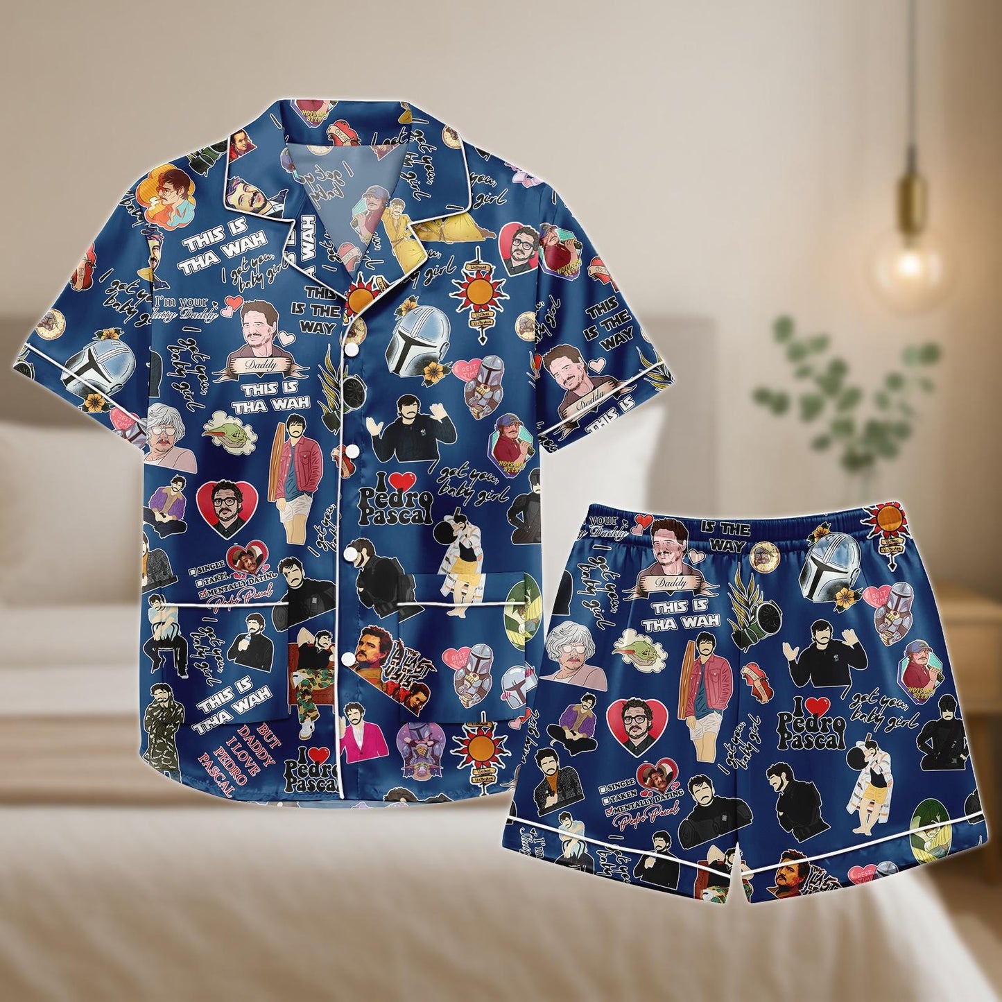 Pedro Pascal Pajama Set, Fan Collage Satin Shorts and Shirt, Funny Celebrity Sleepwear, Pop Culture Lounge Gift for Her