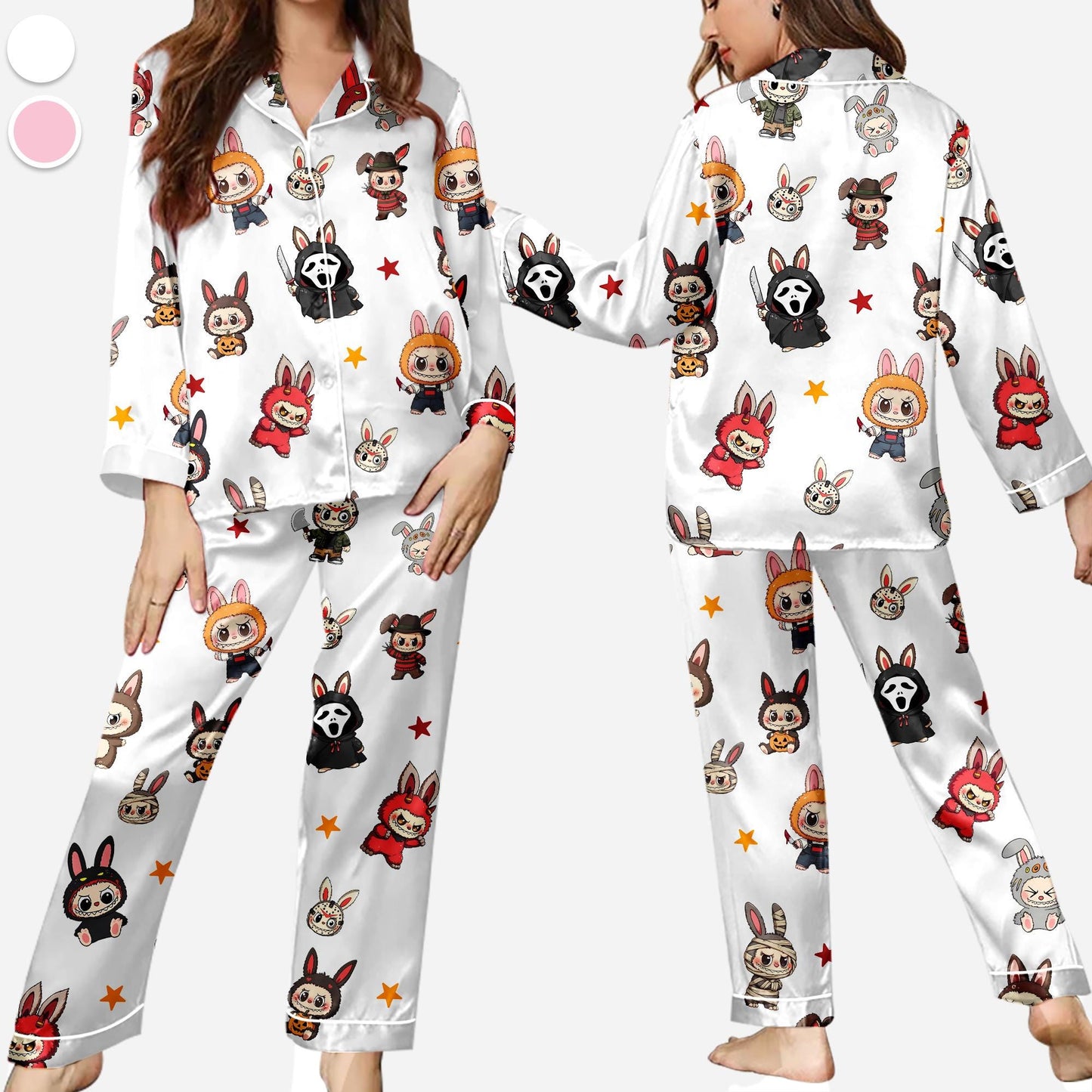Labubu Horror Pajamas Set, Horror Character Pajamas, Button Up Sleepwear, Cozy Outfit for Horror Fans, Spooky Gifts for Men, Labubu Merch