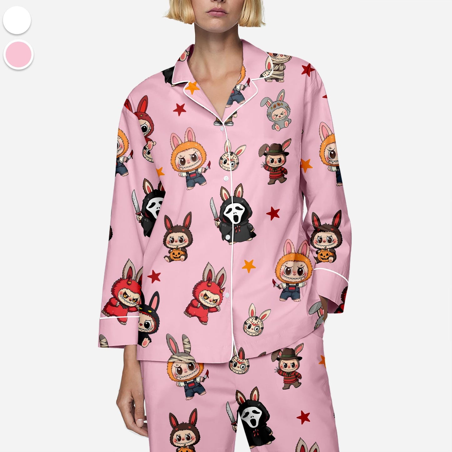 Labubu Horror Pajamas Set, Horror Character Pajamas, Button Up Sleepwear, Cozy Outfit for Horror Fans, Spooky Gifts for Men, Labubu Merch