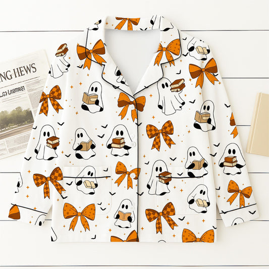 Halloween Ghost Reading Book Pajamas Set, Halloween Pattern Sleepwear, Coquette Bow Homewear, Fall Loungewear Set, Spooky Season Gift