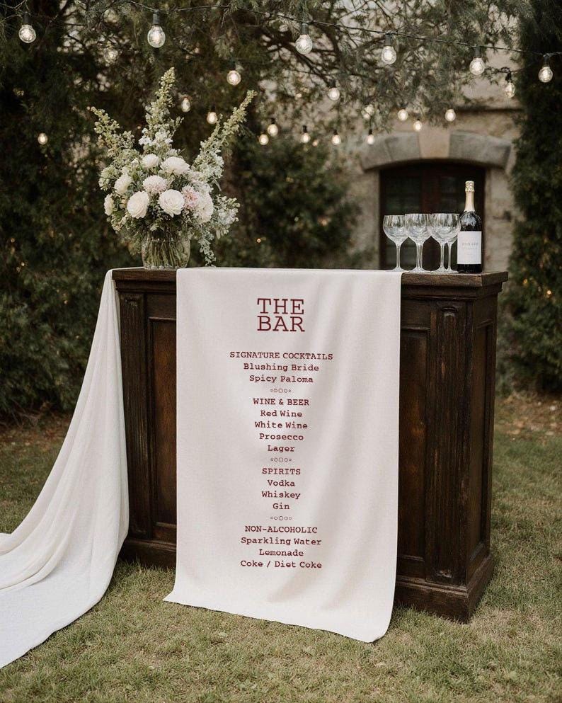 Wedding Bar Menu Sign, Custom Fabric Bar Sign, Rustic Cocktail Menu, Personalized Drink Sign, Minimalist Reception Bar Banner Decor
