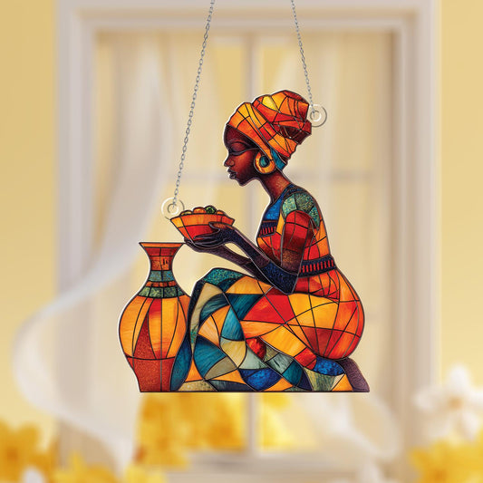 African Woman Window Hanging, Tribal Art Home Decor, Ethnic Boho Ornament, Colorful Lady Wall Hanging, Cultural House Decoration