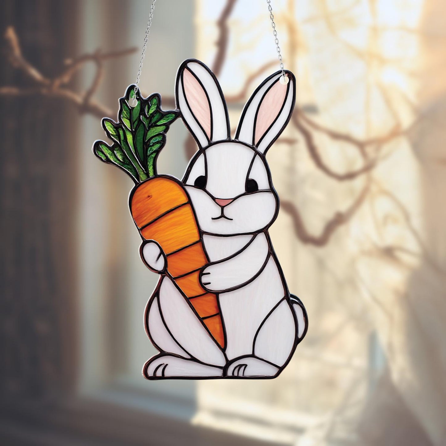 Cute Bunny Window Hanging Decoration, Rabbit and Carrot Window Art, Whimsical Animal Window Decor, Kids Room Window Hanging Gift Idea