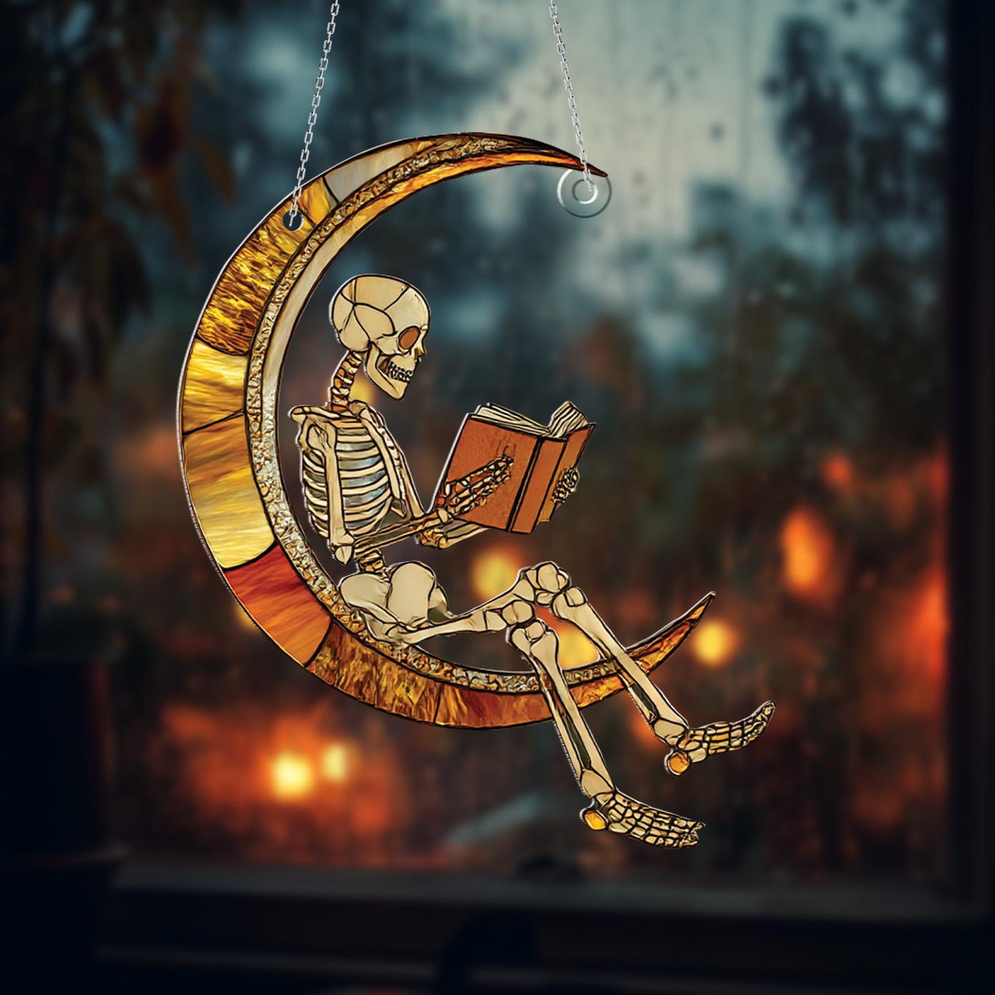 Halloween Skeleton Window Hanging, Spooky Moon Window Art, Gothic Home Window Decoration, Unique Creepy Window Hanging Gift for Fall