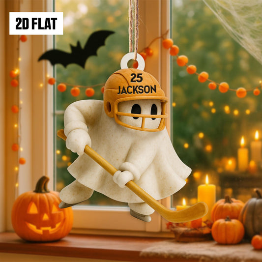 Personalized Hockey Ghost 2D Flat Ornament, Custom Name Ghost with Bat, Fall Sports Gift for Kids & Hockey Fans, Halloween Hanging Window