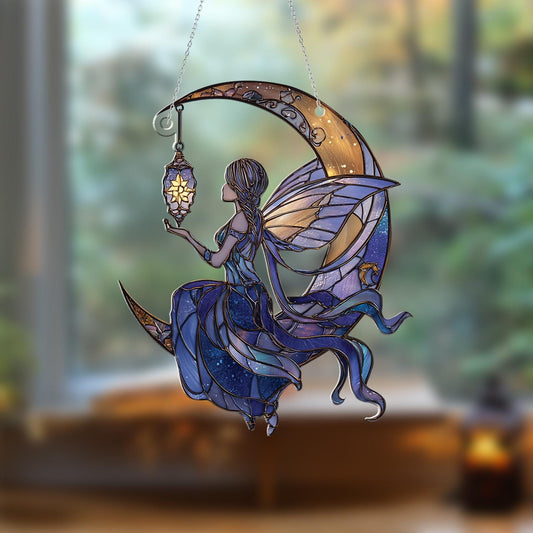 Fairy on Moon Window Hanging, Magical Fairy Moon Decor, Starry Night Fairy Art, Fantasy Room Accent,Gift for Fairy Lovers, Moonlight Hanging