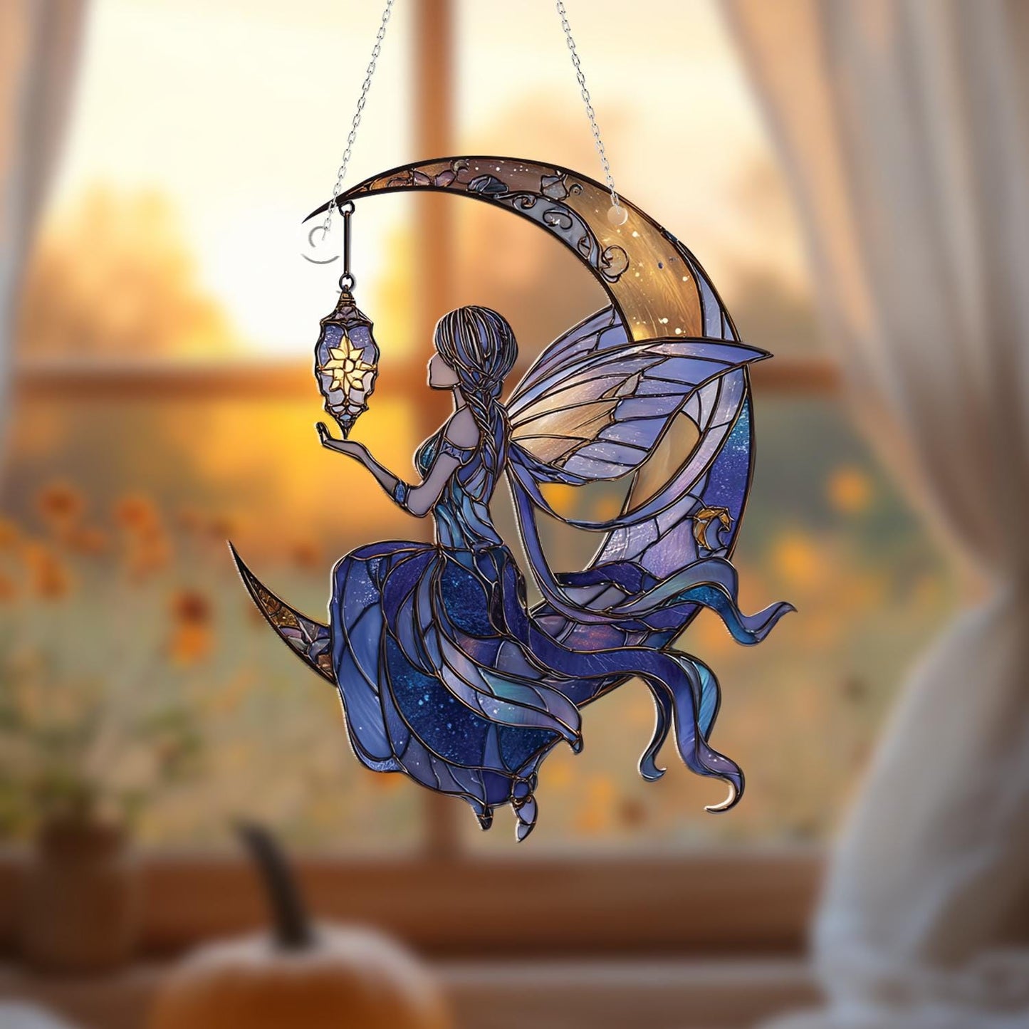 Fairy on Moon Window Hanging, Magical Fairy Moon Decor, Starry Night Fairy Art, Fantasy Room Accent,Gift for Fairy Lovers, Moonlight Hanging
