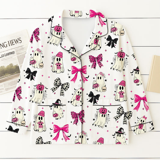 Halloween Pink Ghost And Bow Pajamas Set, Halloween Ghost Sleepwear, Fall Loungewear, Cozy Homewear, Spooky Season Gift, Halloween Gift
