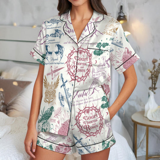 ACOTAR Court Symbols Satin Pajama Set, The Night Court Pajamas, Velaris Acotar Pajama Set, Fantasy Bookish Sleepwear, Book Lover Pajamas