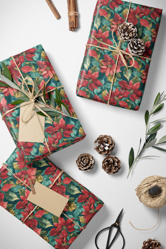 Premium Poinsettia Wrapping Paper Roll, Watercolor Christmas Gift Wrap for Holiday and Winter Decor #2