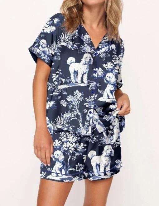 Blue Poodle Dog Silky Satin Pajama Set For Women Pajamas Set
