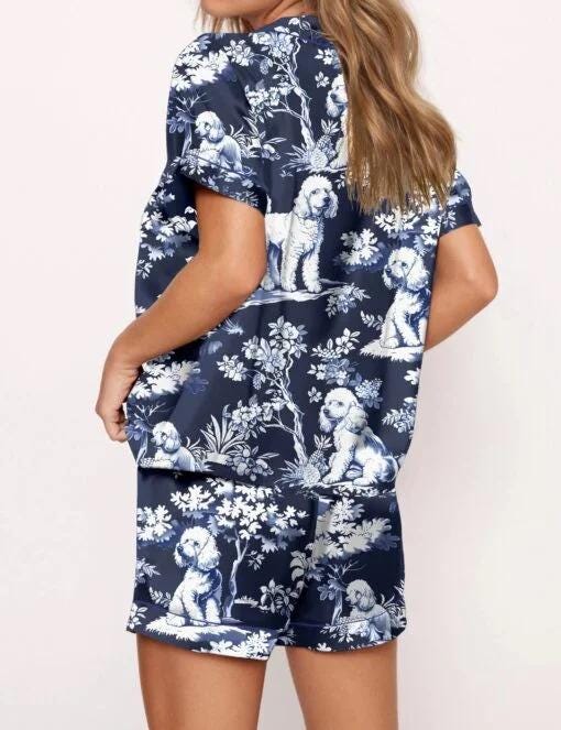 Blue Poodle Dog Silky Satin Pajama Set For Women Pajamas Set