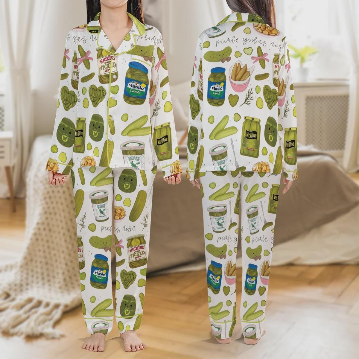 Coquette Pickle Girl Silky Satin Pajama Set, Satin Pajamas For Women