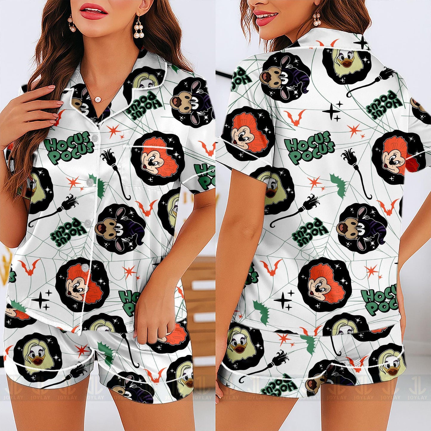 Minnie Daisy Duck Clarabelle Hocus Pocus Unisex Satin Pajamas Set, Spooky Season Pajamas , Long Sleeve And Short Styles