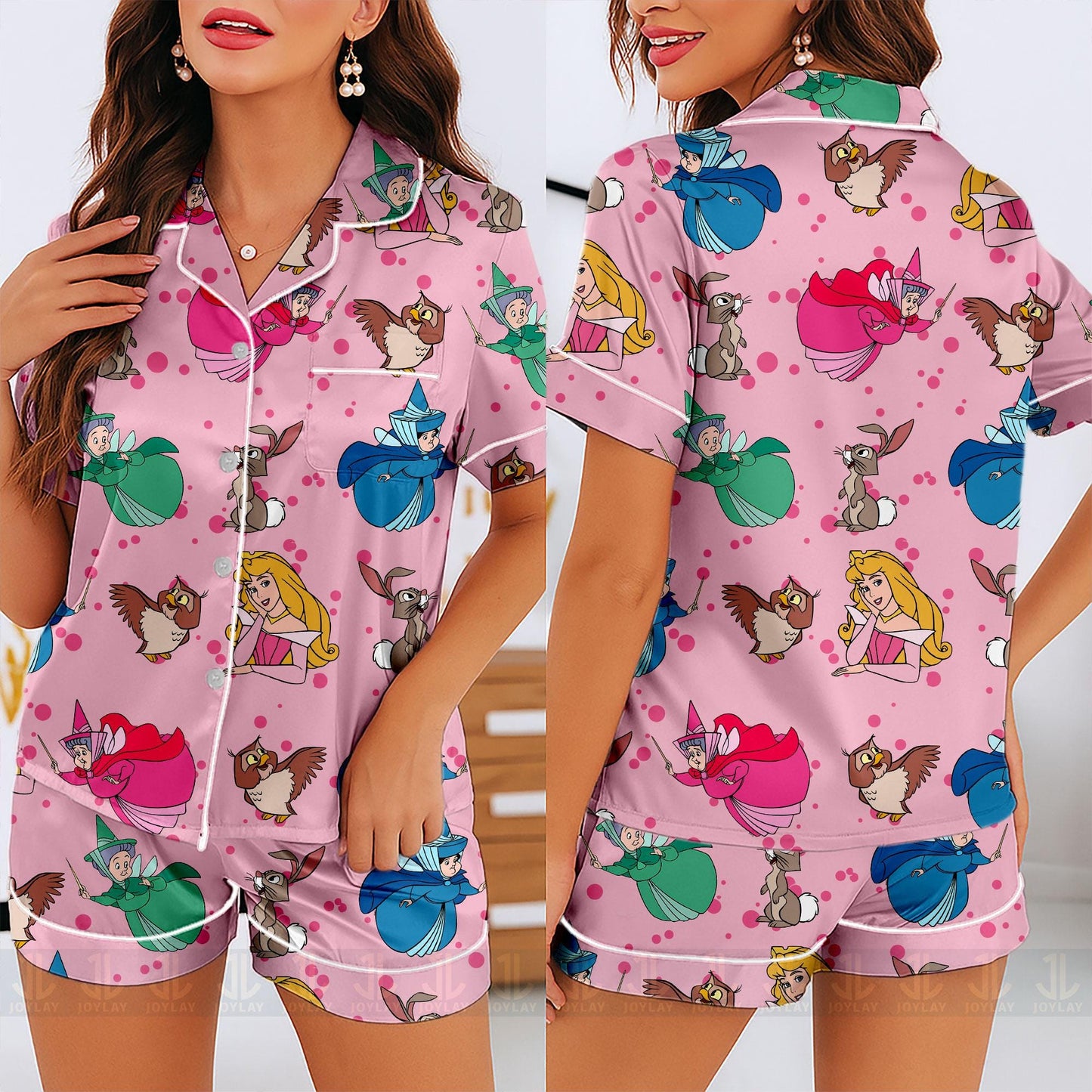 Sleeping Beauty Aurora Princess Godmother Unisex Satin Pajamas Set, Spooky Season Pajamas , Long Sleeve And Short Styles