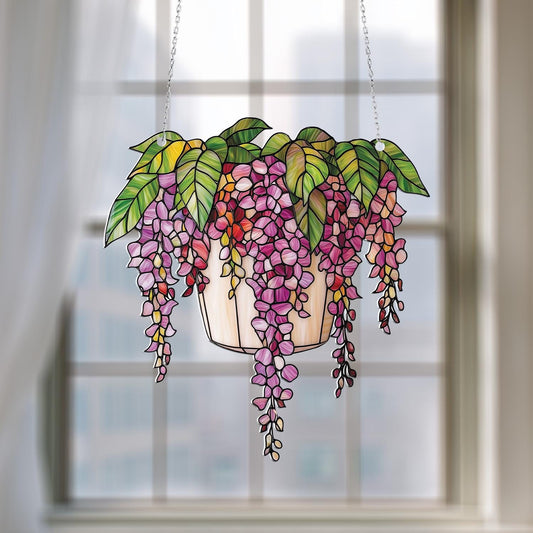 Vibrant Wisteria Flower Pot Window Hanging, Handcrafted Nature Decor for Elegant Home and Garden Spaces