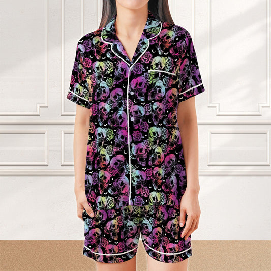 Gothic Skull Halloween Pajama Set, Neon Floral Skull Sleepwear, Spooky Skull Nightwear, Spooky Season PJs, Womens Halloween Pajama Set