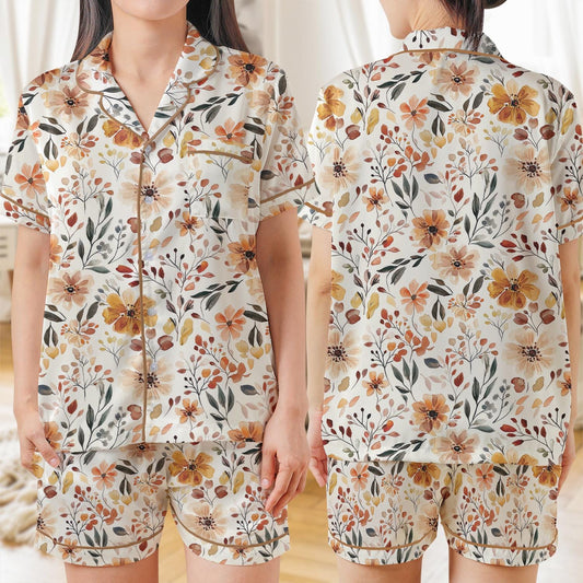 Boho Fall Floral Pajamas, Fall Cottagecore Flower Field Pajama Set, Cozy Autumn Sleepwear, Cottagecore Fall Loungewear Set, Thanksgiving Pjs
