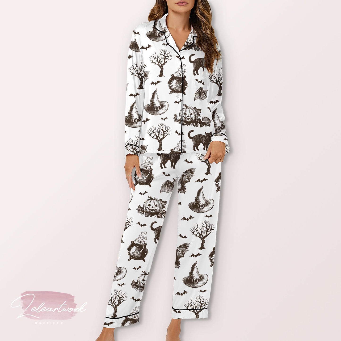 Bewitched Vintage Pajama – Retro Halloween Cat, Cauldron & Pumpkin Print Sleep Set | Spooky Autumn Loungewear for Women