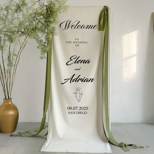 Wedding Welcome Sign, Personalized Banner with Couple’s Names Date and Location, Custom Ceremony Decoration, Elegant Wedding Reception