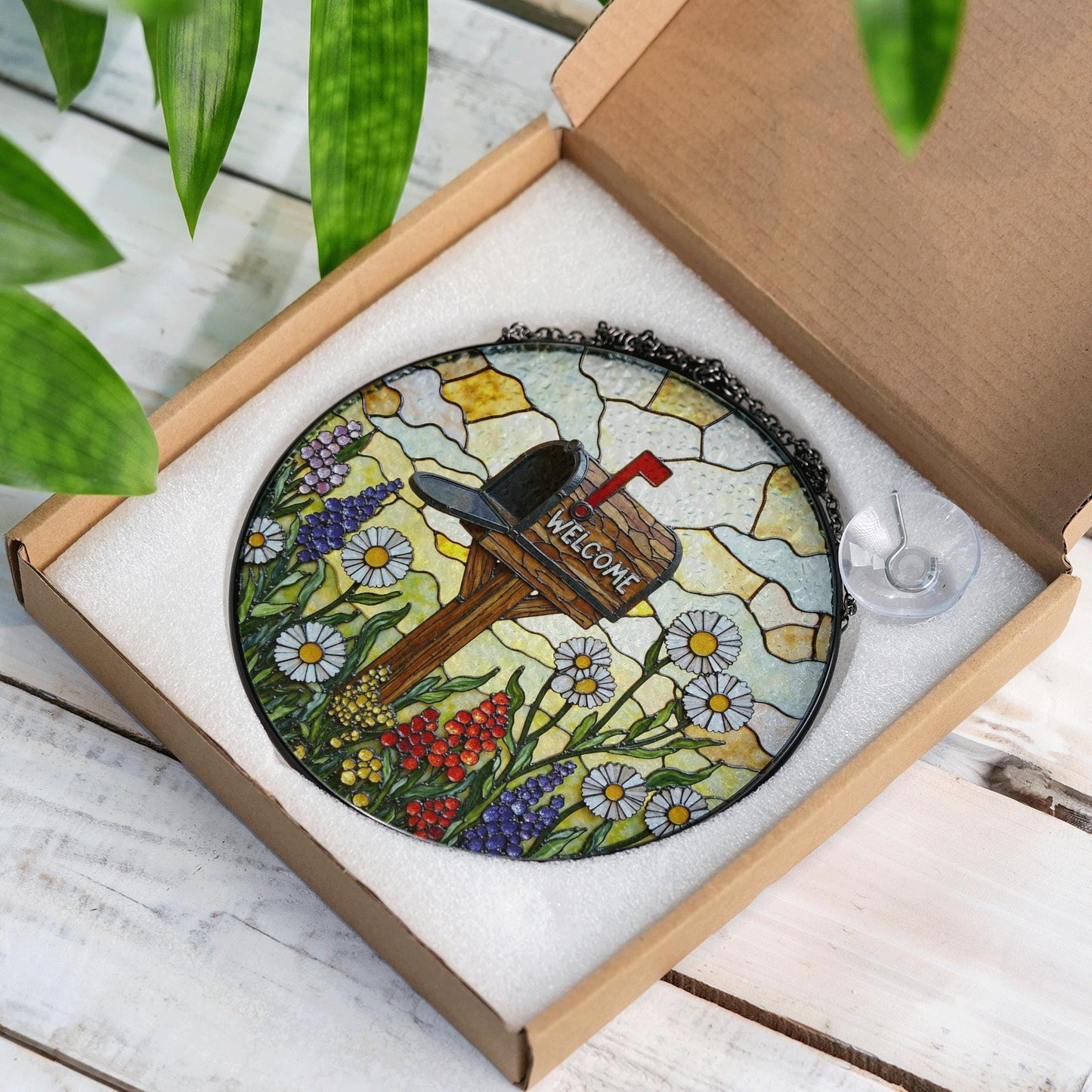 Suncatcher stained glass mailbox with wildflowers welcome sign Mothers Day gift for mom housewarming gift