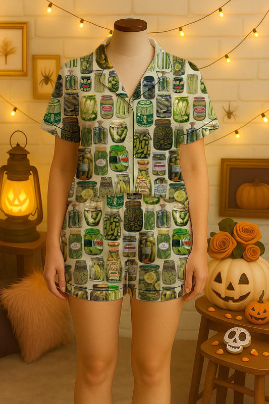 Cozy Halloween Pajama Set with Cute Pickled Cucumber Jar, pickled cucumber nightwear set, funny pickled cucumber sleepwear, Unisex Satin Pjs Pajamas Set
